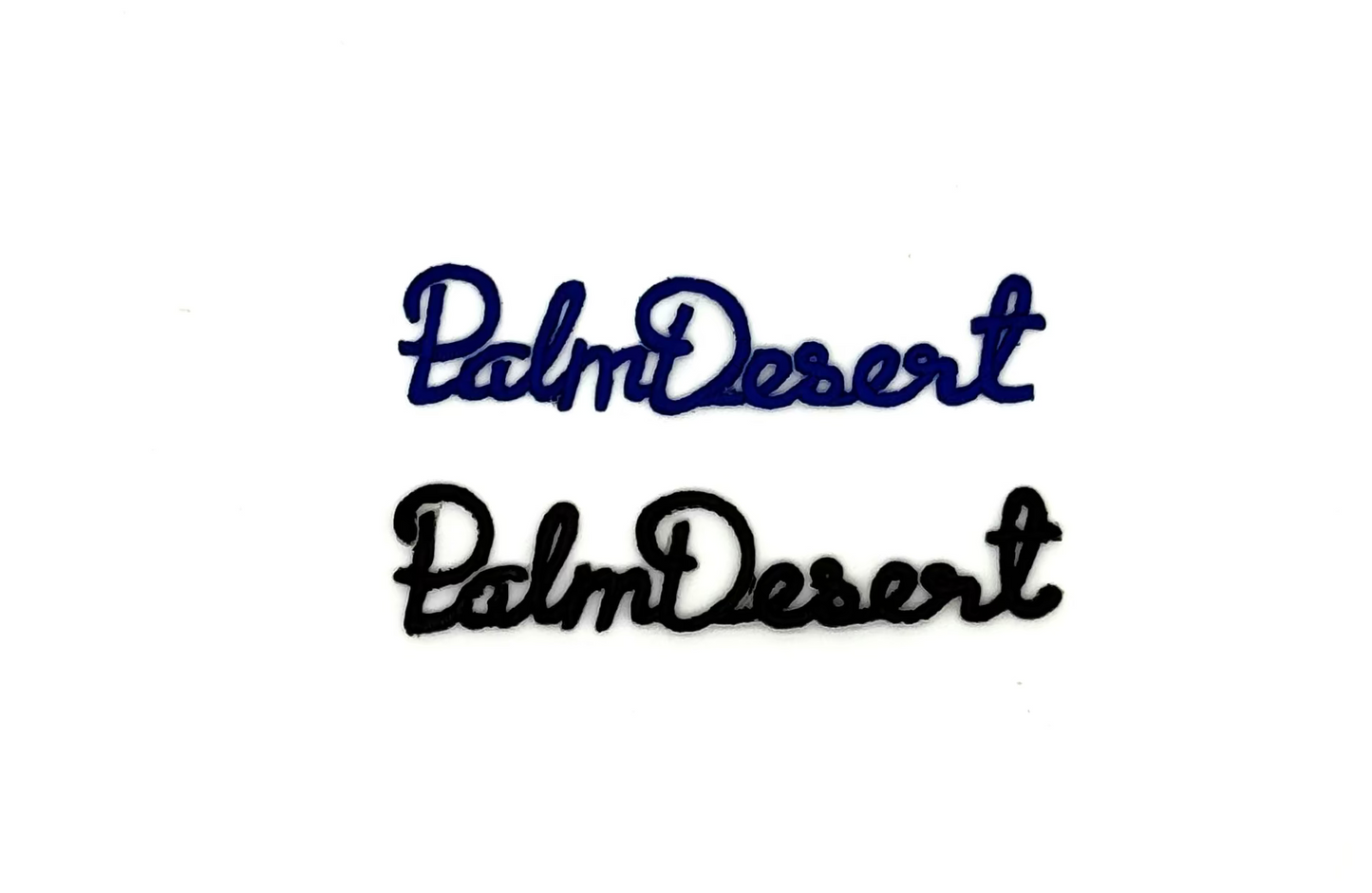 The Word “Palm Desert” - Choice of Blue/Brown/Gold  Embroidered Iron-on 3.25" x .75"