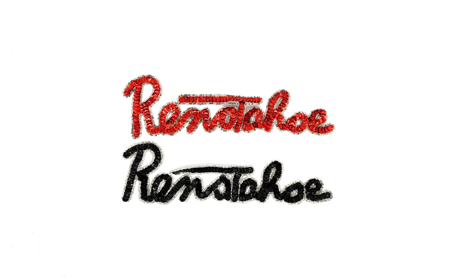 The Word "Reno Tahoe" - Choice of Red/Black Sequins - Silver Glass Beads 9" x 2.75"