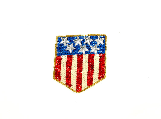 American Flag Shield Appliqué - Red/White/Blue Sequins - Gold Beads - 4” x 3.5”
