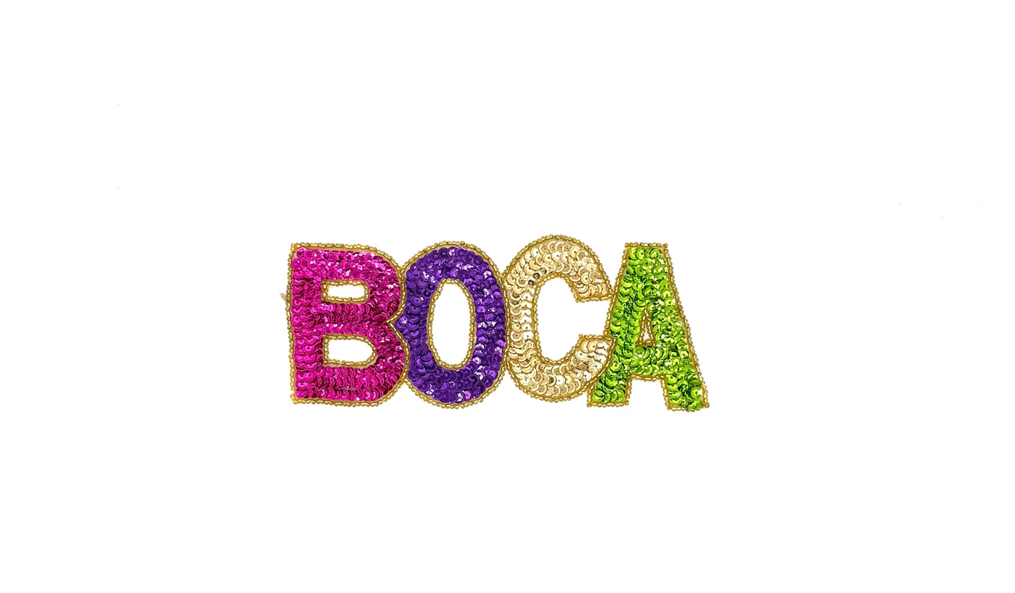 The Word “Boca” (Boca Raton, FL) - Multicolored Sequins - Gold Beads  7" x 3"