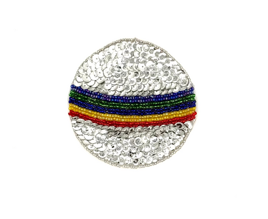 Beach Ball Appliqué - Silver Sequins - Multicolored Glass Beads 3.5" x 3.5"
