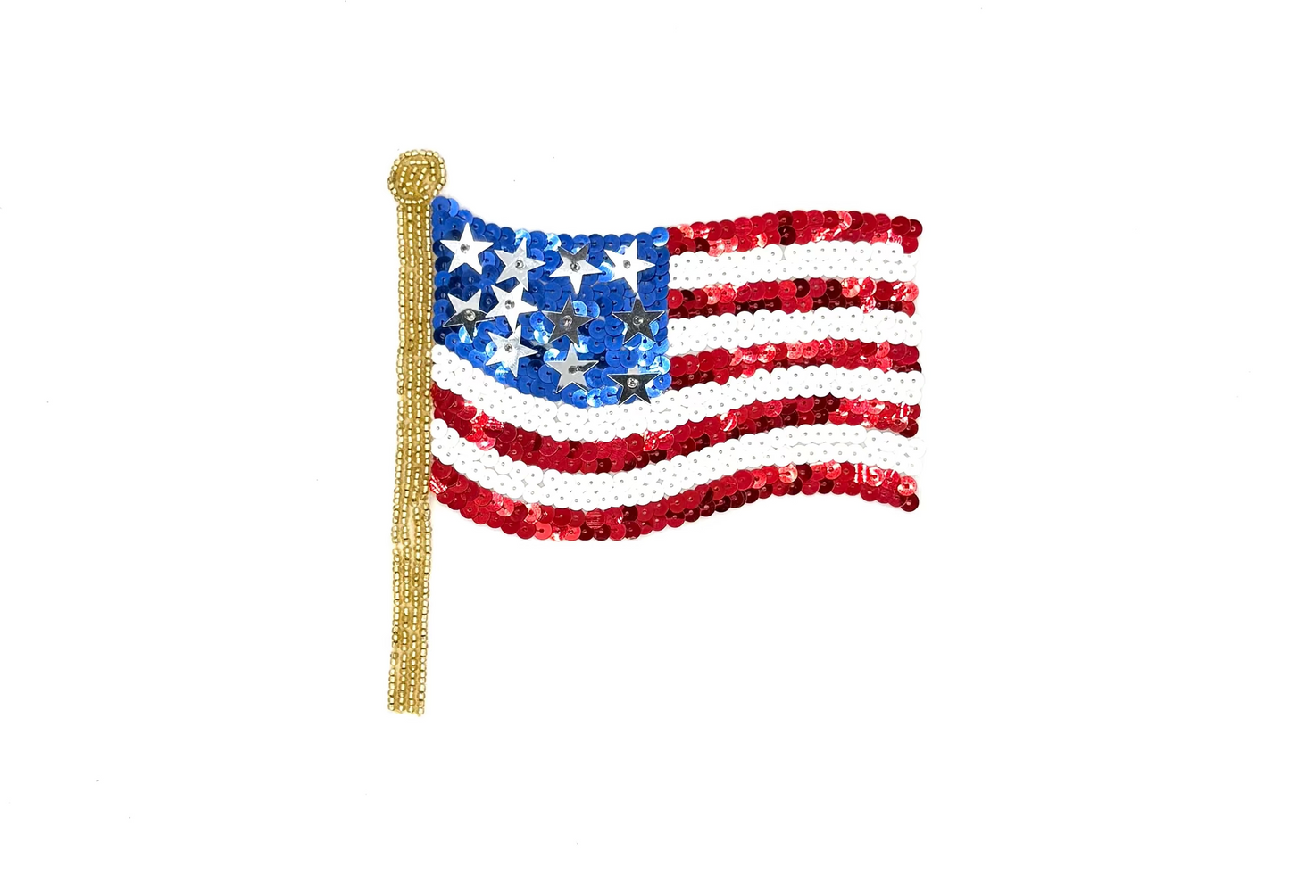 Aplique de Bandera Americana - Lentejuelas Rojas/Blancas/Azules - Cuentas Doradas - Estrellas de Metal Plateado - A elegir entre Lentejuelas Blancas o Beige 6" x 5.5"