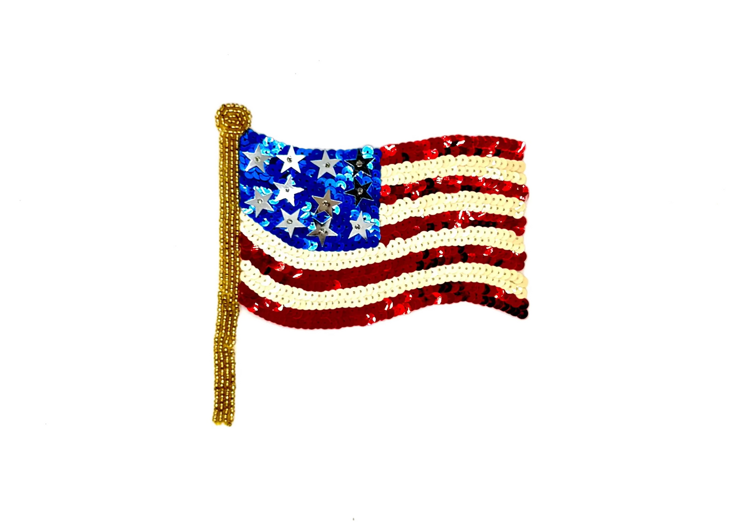 Aplique de Bandera Americana - Lentejuelas Rojas/Blancas/Azules - Cuentas Doradas - Estrellas de Metal Plateado - A elegir entre Lentejuelas Blancas o Beige 6" x 5.5"