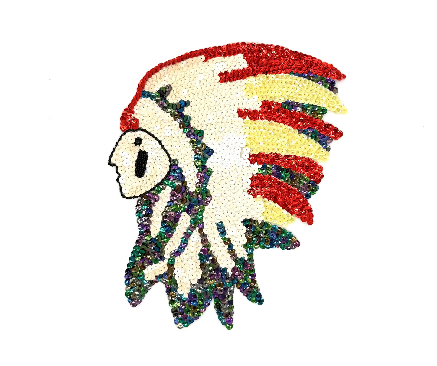 Native American Chief Appliqué  - Multicolored Sequins - Black Beads - Choice of Size 10” x 8.5 or 7” x 5”