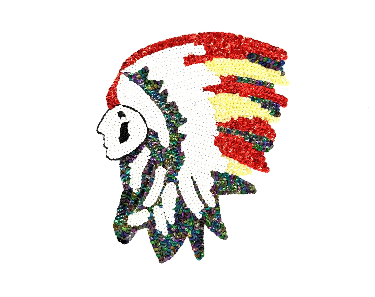 Native American Chief Appliqué  - Multicolored Sequins - Black Beads - Choice of Size 10” x 8.5 or 7” x 5”