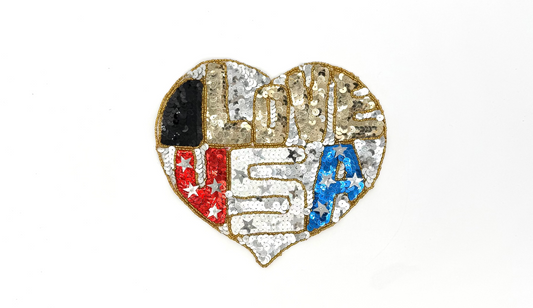Heart Shape with I Love U.S.A. - Multicolored Sequins - Gold Glass  Beads 8" x 7.25"