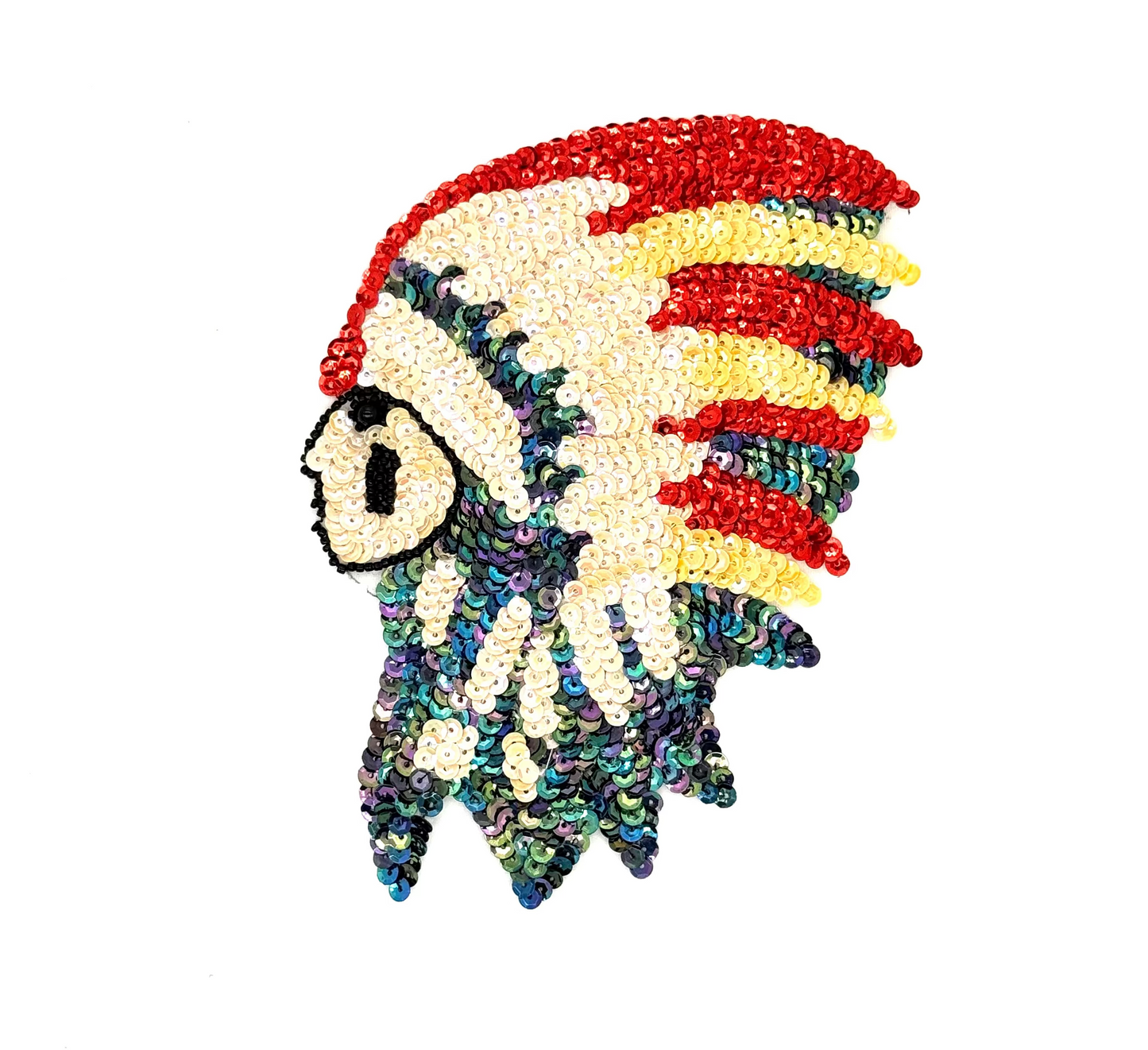 Native American Chief Appliqué - Multicolored Sequins - Black Glass Beads - Choice of Size 11” x 9” or 7” x 5”