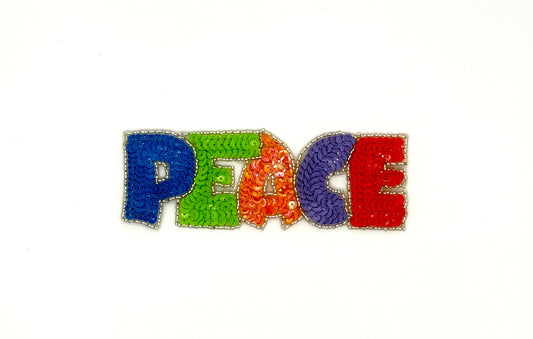 The Word ‘Peace” Appliqué - Multicolor Sequins -Silver Glass Beads 6" x 2"