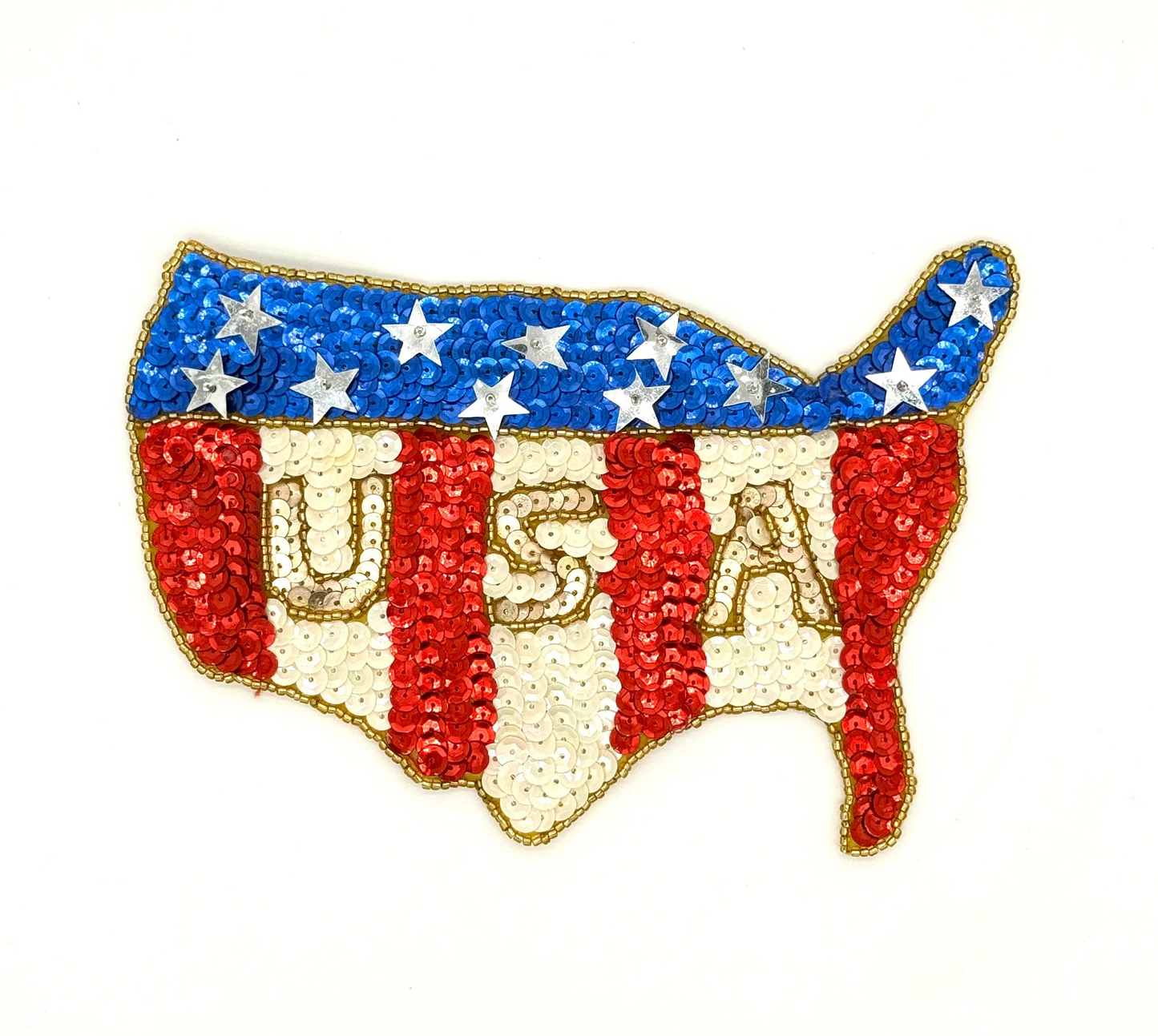American Flag  Appliqué in Shape of USA Map - Red/White/Blue Sequins - Gold Glass Beads 7" X 5"