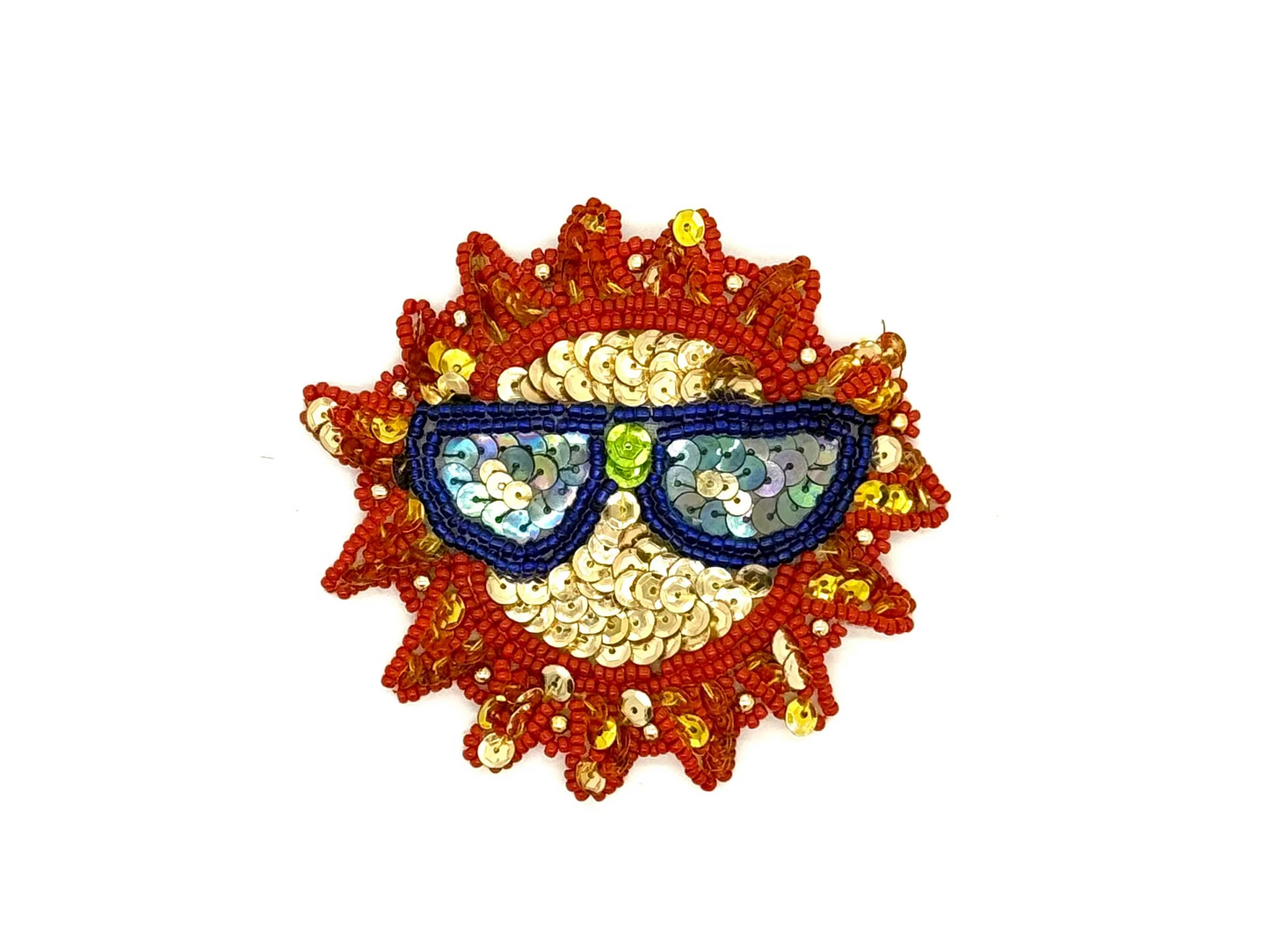 Sun With Glasses - Moonlight/Gold Sequins -Orange/Blue Glass Beads 3.5" x 3.5"