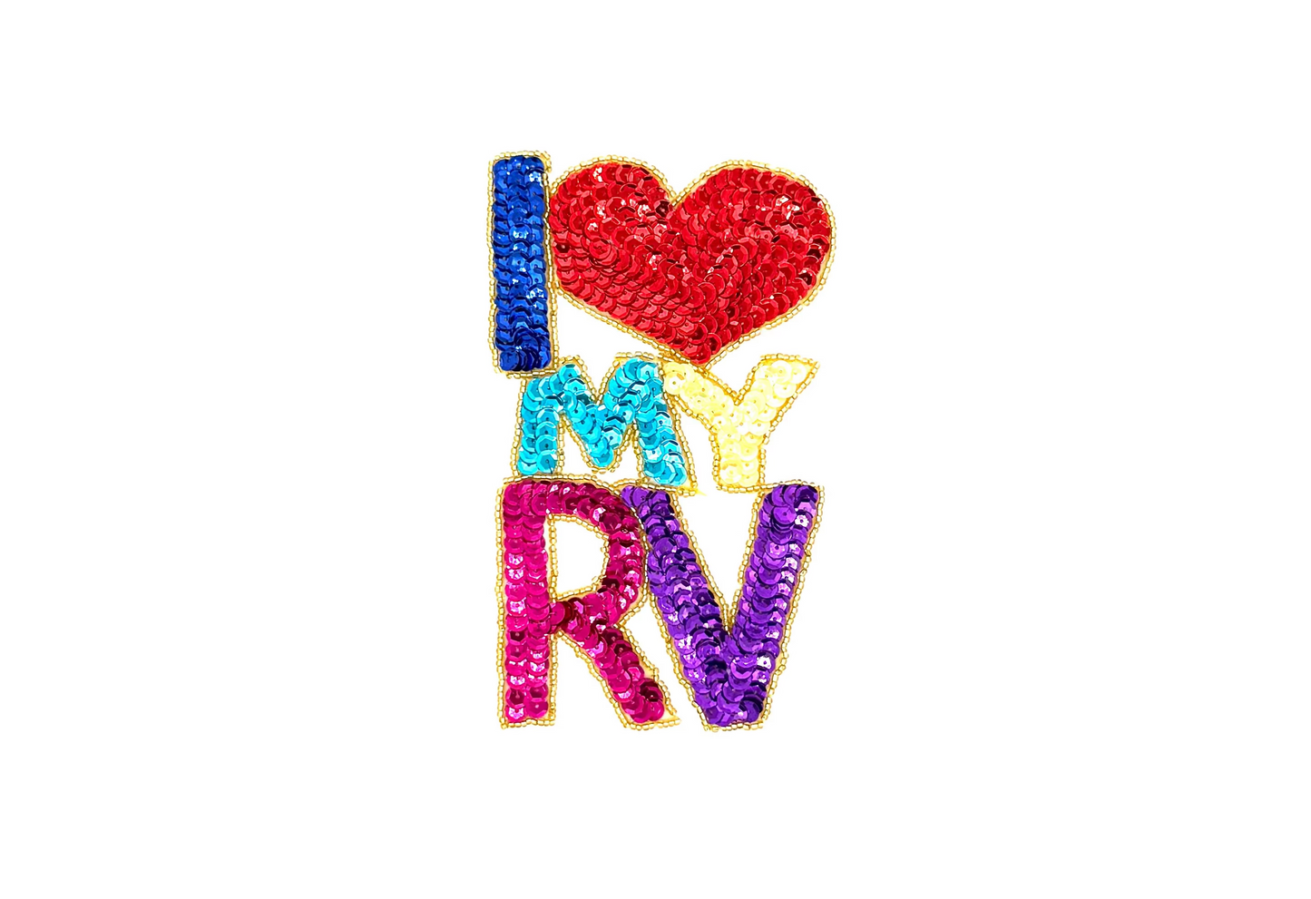 Aplique "I Love my RV" - Lentejuelas multicolores - Cuentas de cristal doradas 6.5" X 4"
