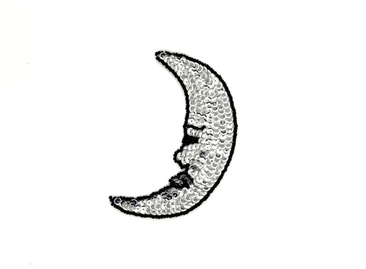 Crescent Moon Appliqué - Silver Sequins - Black Beads 4" x 3"