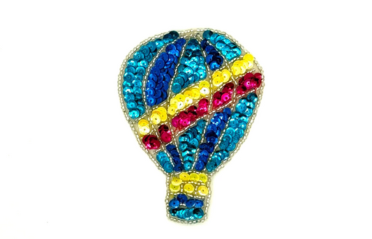 Hot Air Balloon Appliqué -  Multicolored Sequins  - Silver Glass Beads 4" x 3"