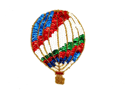 Hot Air Balloon Appliqué  - Multicolored Sequins -Gold Glass Beads 5.5” x 4”