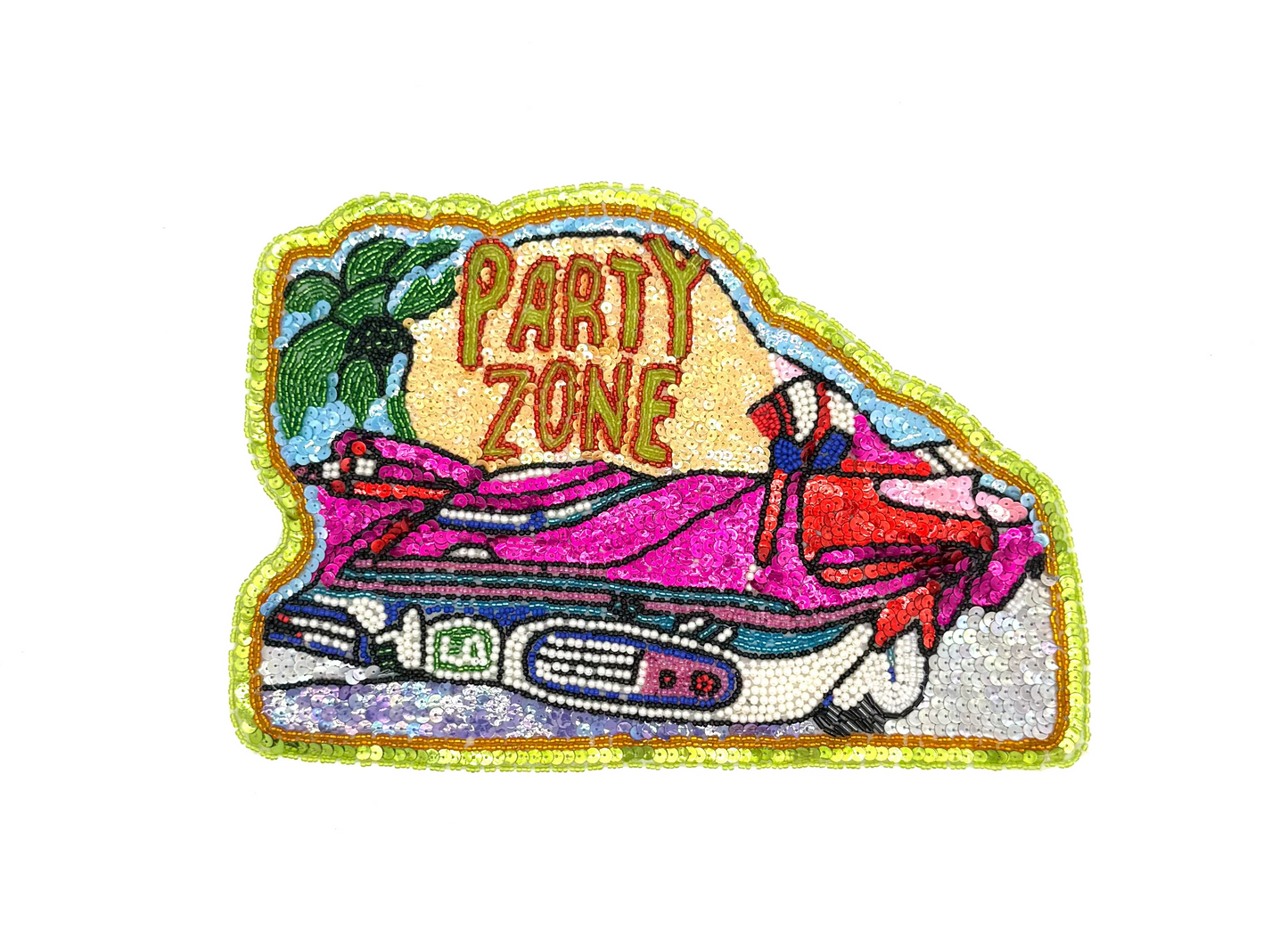 La palabra "Party Zone" sobre un coche - Lentejuelas/Cuentas de cristal multicolores 28 cm x 20 cm