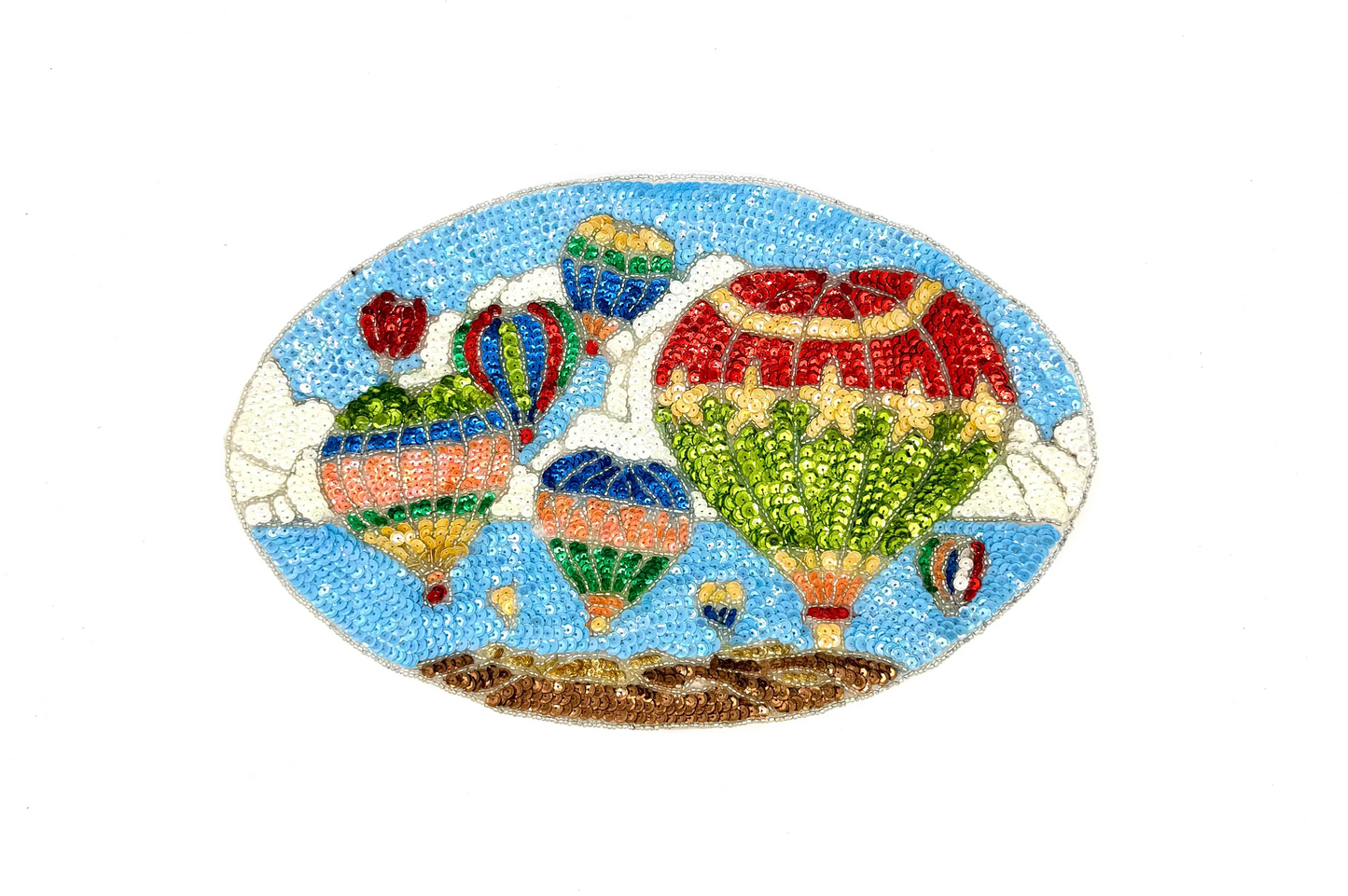 Hot Air Balloon Scene Appliqué - Multicolored Sequins - Silver Glass Beads 8.5" x 13"