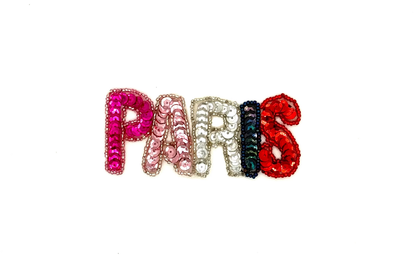 Aplique con la palabra "París" - Lentejuelas doradas/Cuentas de vidrio - Varios colores - 4.5" x 2"