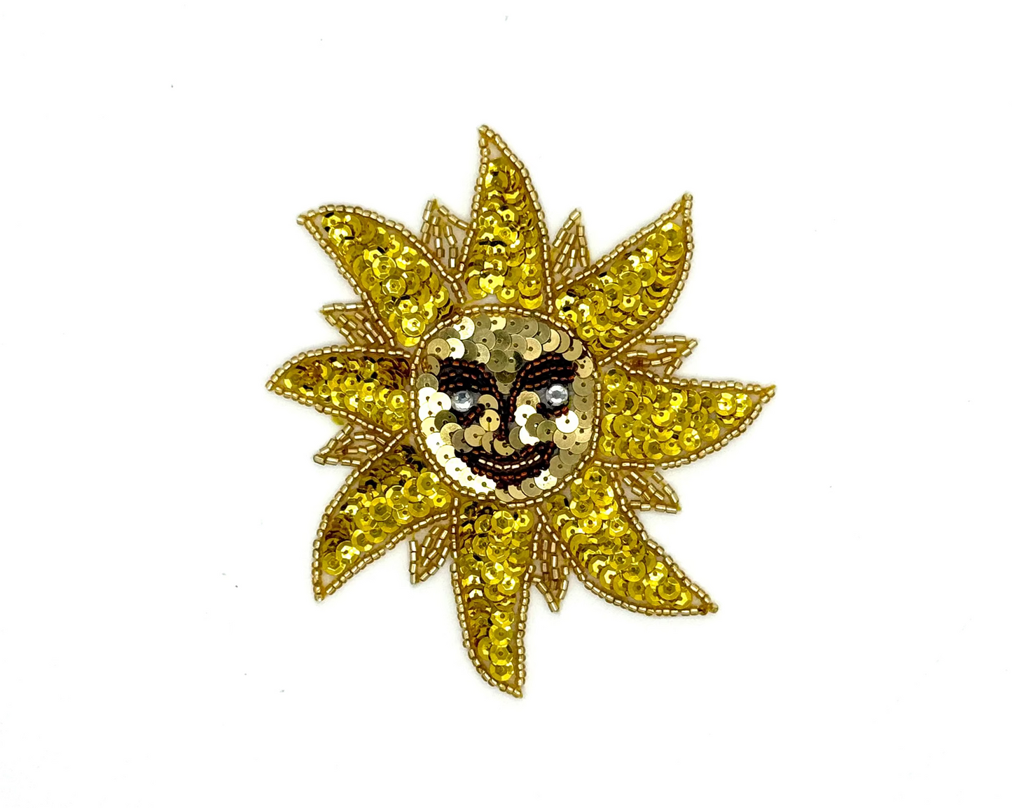 Sun Face Appliqué - Gold/Bronze Sequins - Glass Beads - Rhinestones 5" x 4.5"