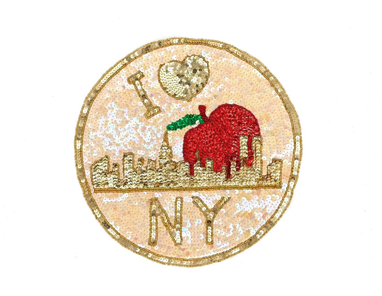 I Heart NY Skyline with Apple Appliqué -  Multicolored Sequins/Glass Beads 11" x 11”