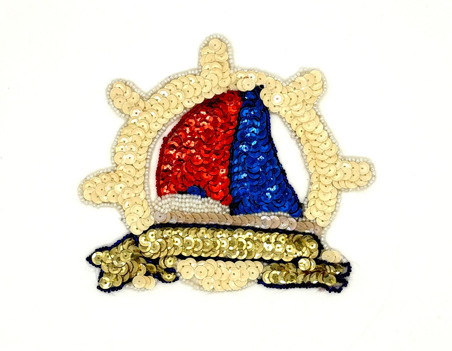 Ship’s Wheel with Sailboat - Choice of Two Multicolored Sequins/Beads - 6” x 5”