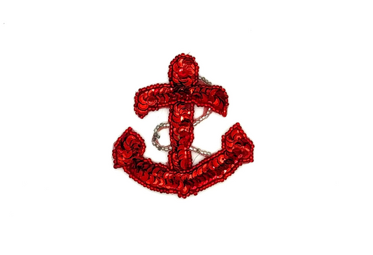 Ancla con Cuerda - Lentejuelas Rojas - Cuentas de Cristal Rojas/Plateadas - 2.75” x 2.75”