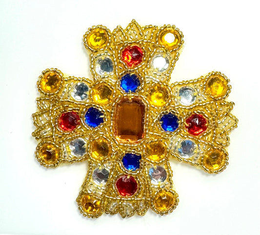 Cross Appliqué - All Beaded with Multicolored Stones 3.5" x 3.5"