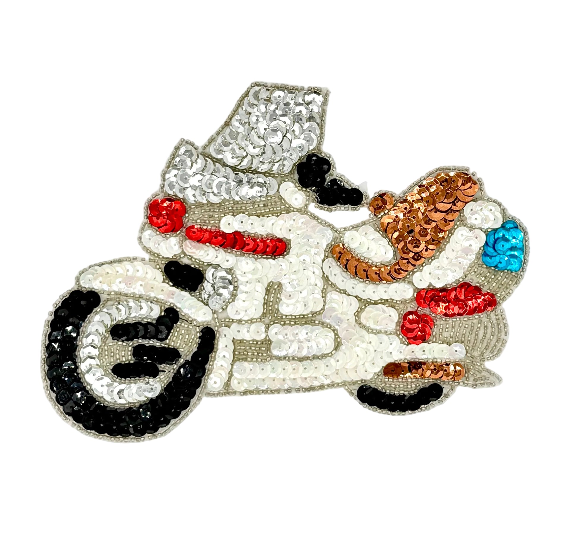 Decorative motorcycle patch with sequins and beads on a white background