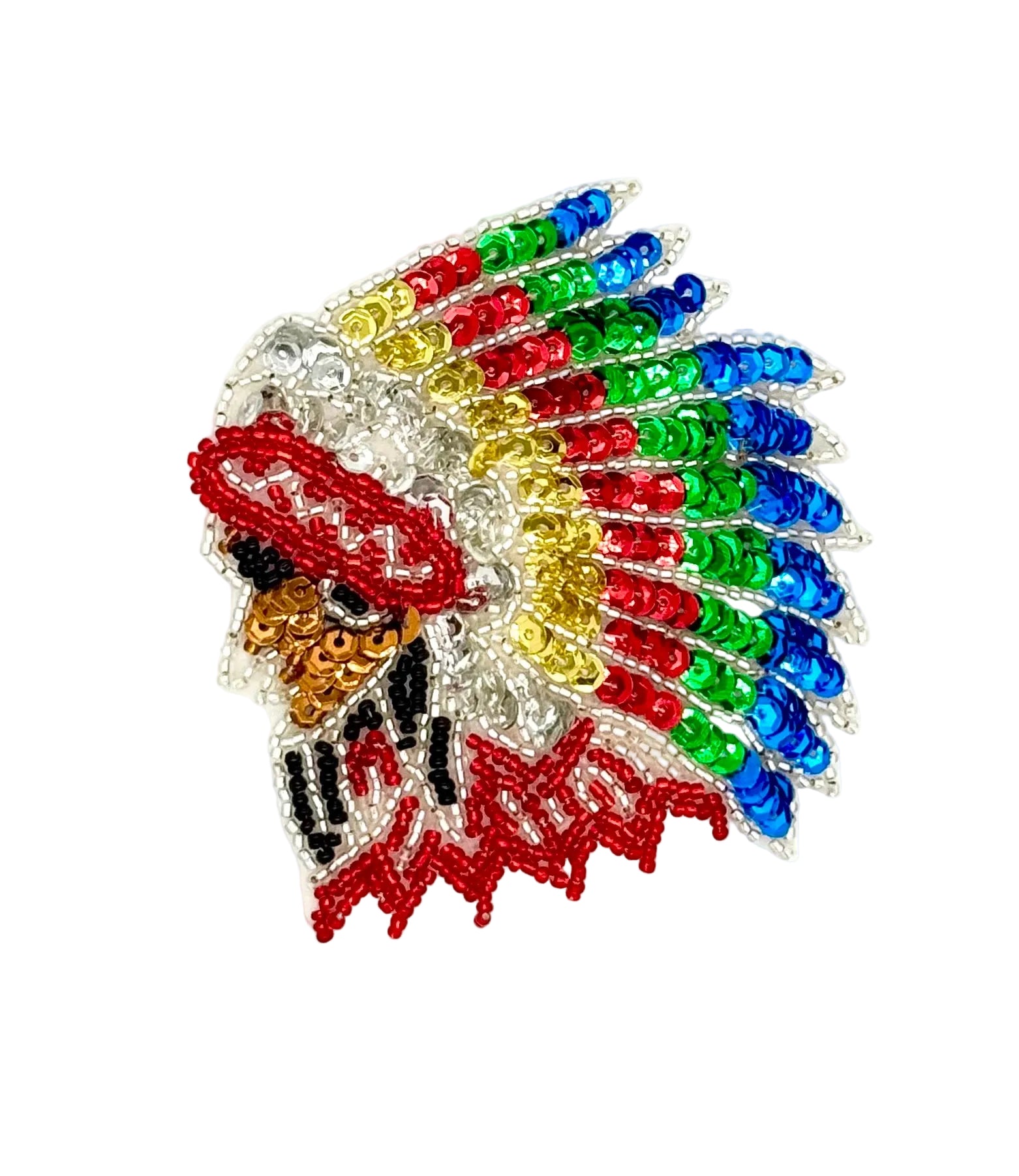 Colorful beaded headdress with red, yellow, green, and blue feathers on a white background