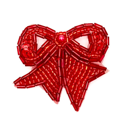 Red Beaded Bow with Red Sequins and Beads - 2" x 1.75"