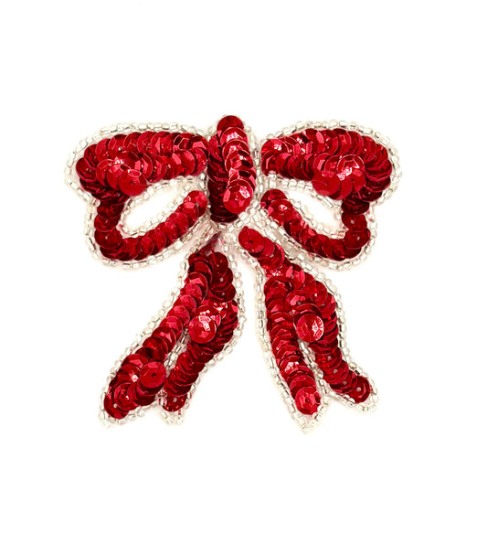 Bow with Red Sequins and Silver Beads 3"x 2.75"