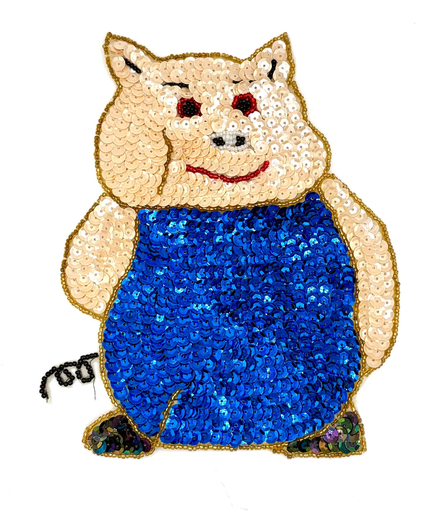 Sequined pig character with blue overalls on a white background