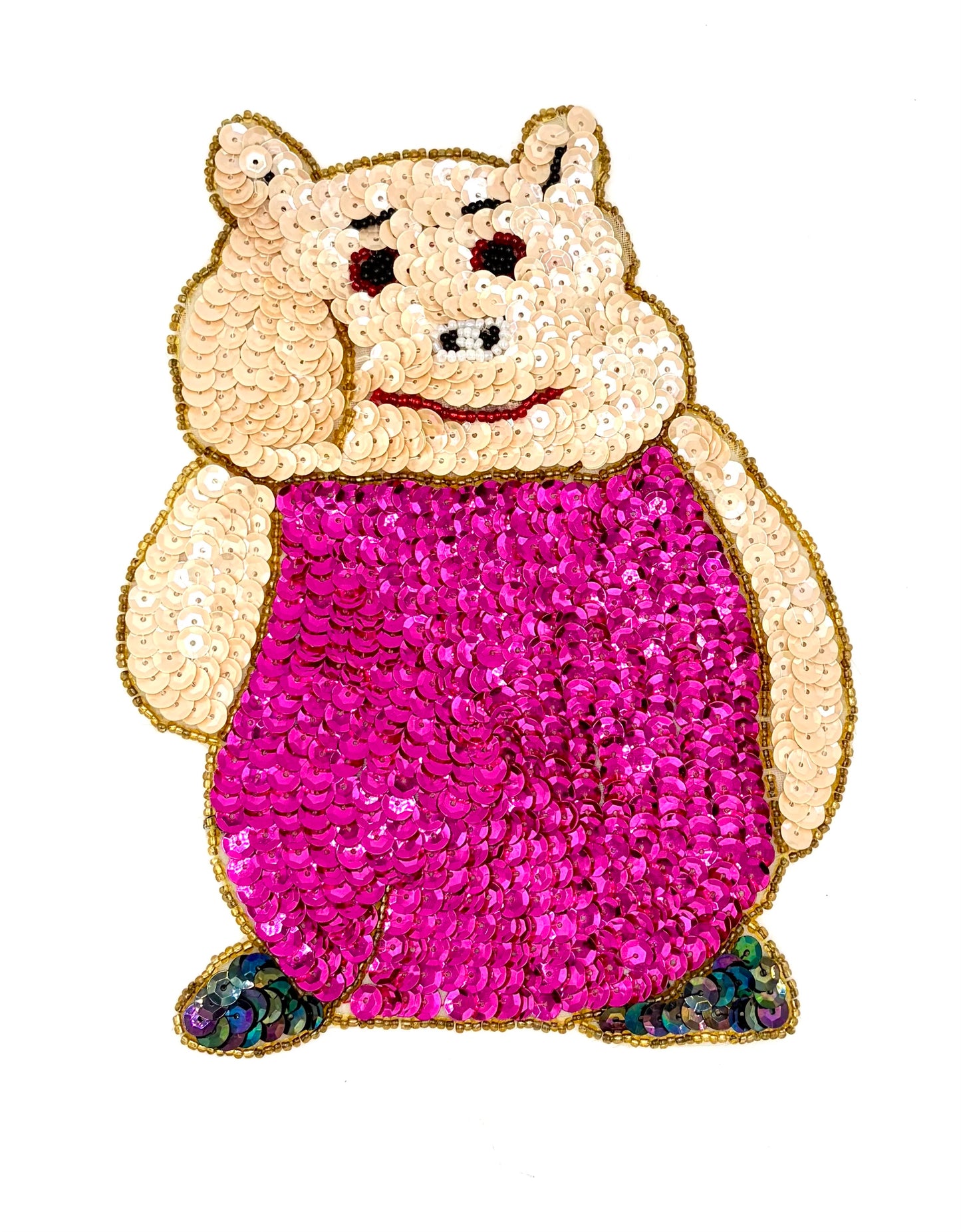 Pig with Beige and Fuchsia Sequins and Beads 7.25" x 6"