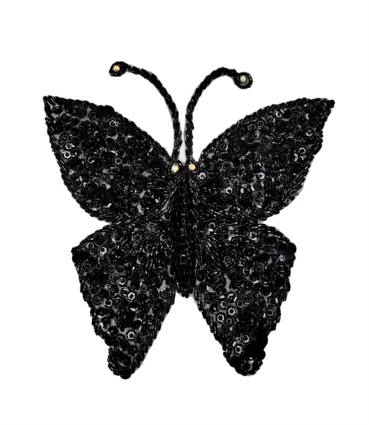 Aplique de Mariposa Hecho a Mano - Lentejuelas y Cuentas Negras - Pedrería AB 7" x 6.75"