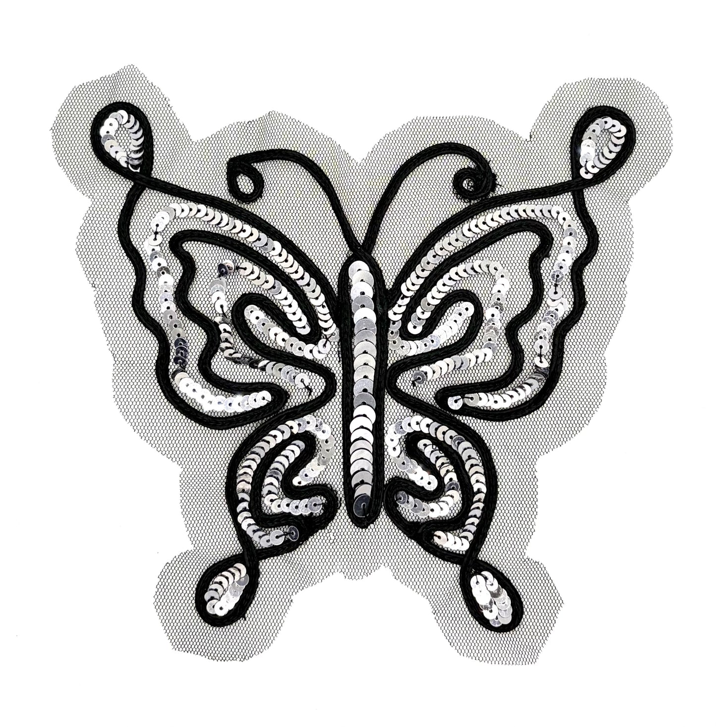 Butterfly design with intricate patterns with sequins on a white background