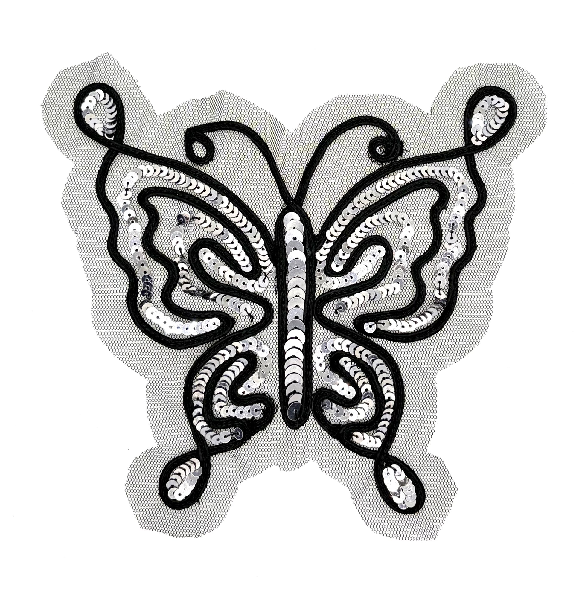 Butterfly design with intricate patterns with sequins on a white background