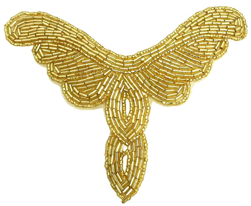 A gold beaded applique patch with a stylized wing or bird motif, constructed from small metallic gold seed beads, shown on a plain white background.