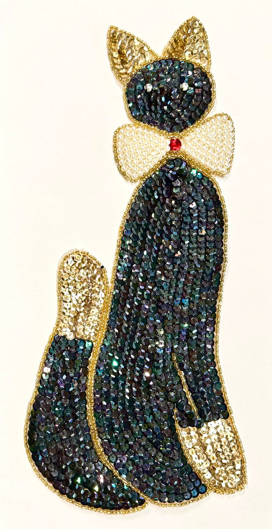 Cat with Moonlight, Gold Sequins and Beads, Pearl Bow and Rhinestone Eyes 12.5" x 5.5"