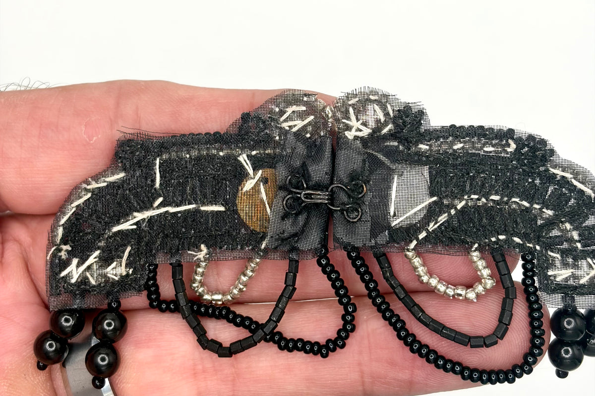 Hook and Eye Clasp - Black and Silver Glass Beads - Rhinestones 2" x 2" each side