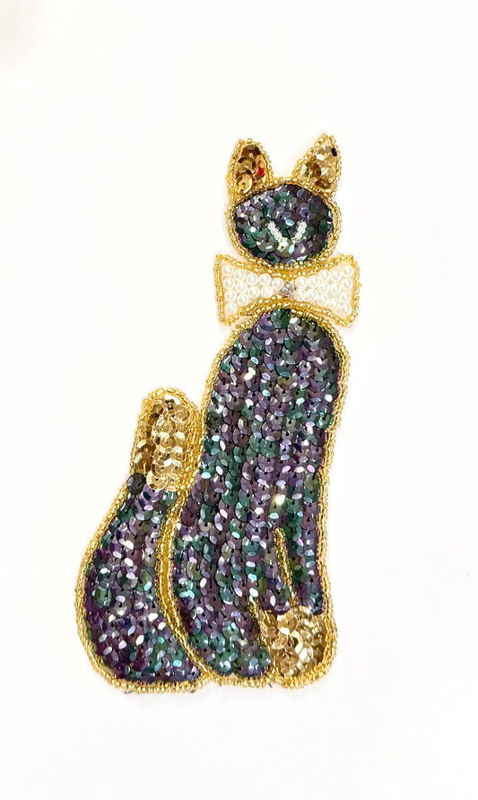 Cat with Moonlight and Gold Sequins, Gold Beads, a Pearl Bow with a Rhinestone and Eyes with Iridescent Beads 7" x 3.5"