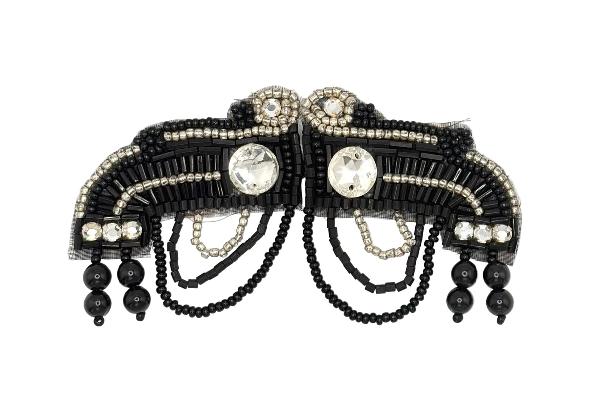 Hook and Eye Clasp with silver rhinestone accents, clear crystal centers, and dangling black beads, shown against a plain white background.