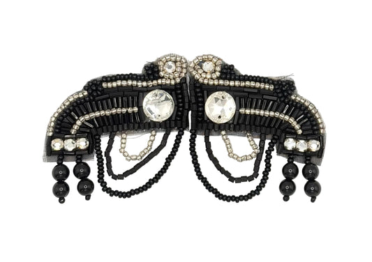 Hook and Eye Clasp with silver rhinestone accents, clear crystal centers, and dangling black beads, shown against a plain white background.