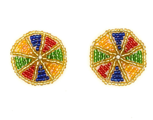 A pair of round  beaded patches with a multicolor wheel design featuring red, green, blue, and orange segments on a white background.