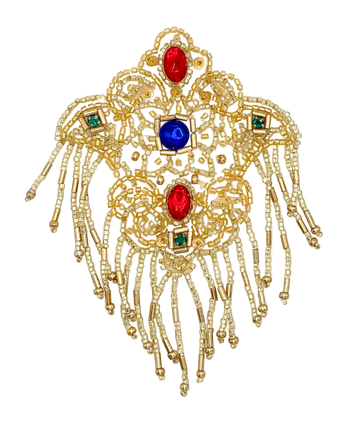 An ornate gold-toned beaded decorative piece with dangling fringe, featuring red and blue gemstone accents and small green square accents, shown on a plain white background.
