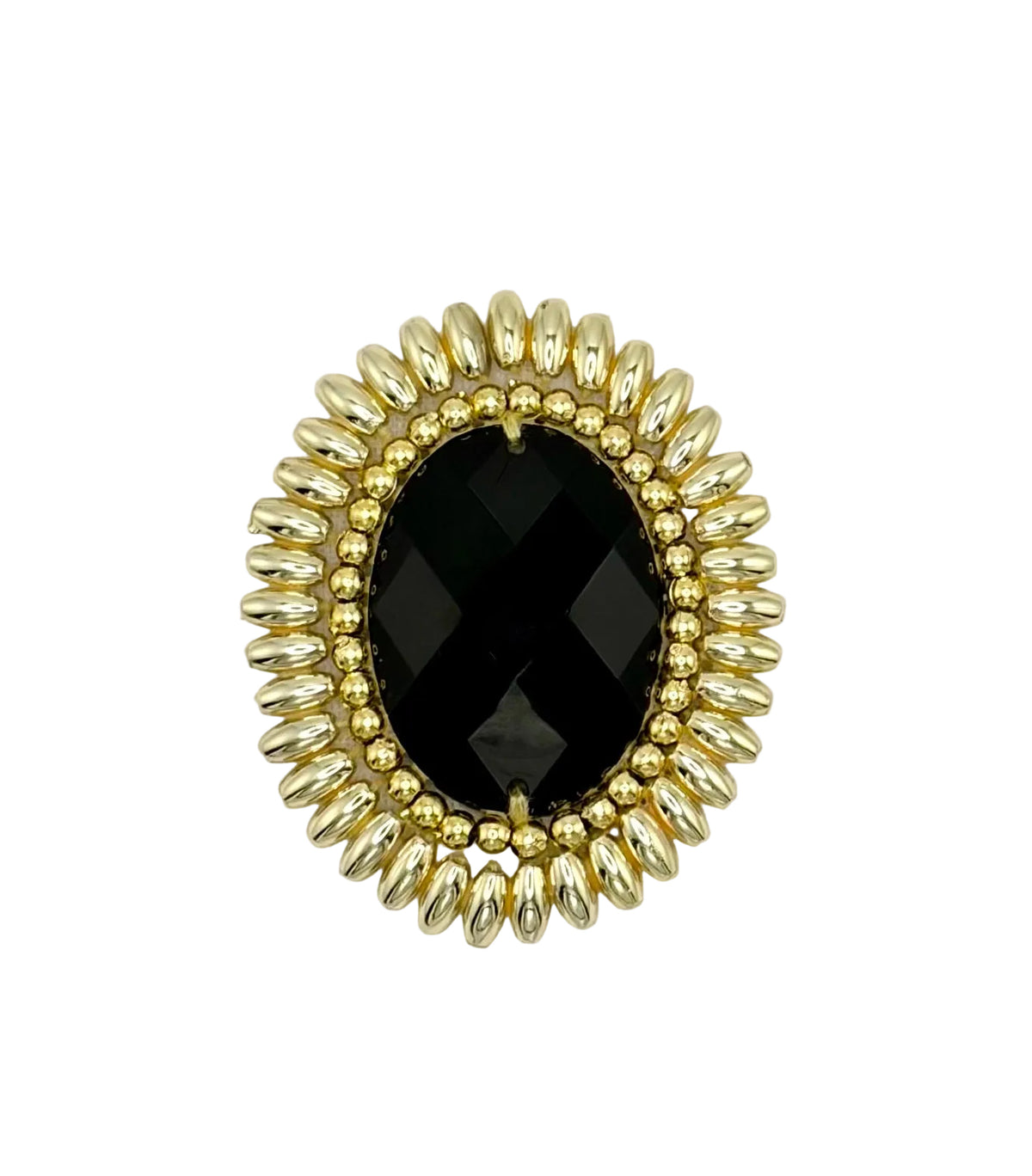 An oval brooch patch with a large faceted black center stone surrounded by a gold-tone beaded sunburst border, set against a plain white background.