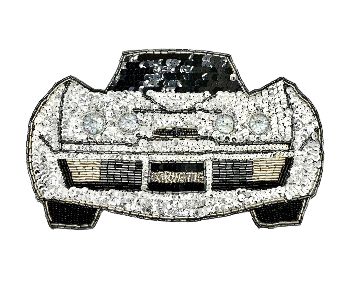 A car-shaped embroidered patch embellished with rhinestones and beads, featuring a black and silver design with silver sequin headlights, on a plain white background.
