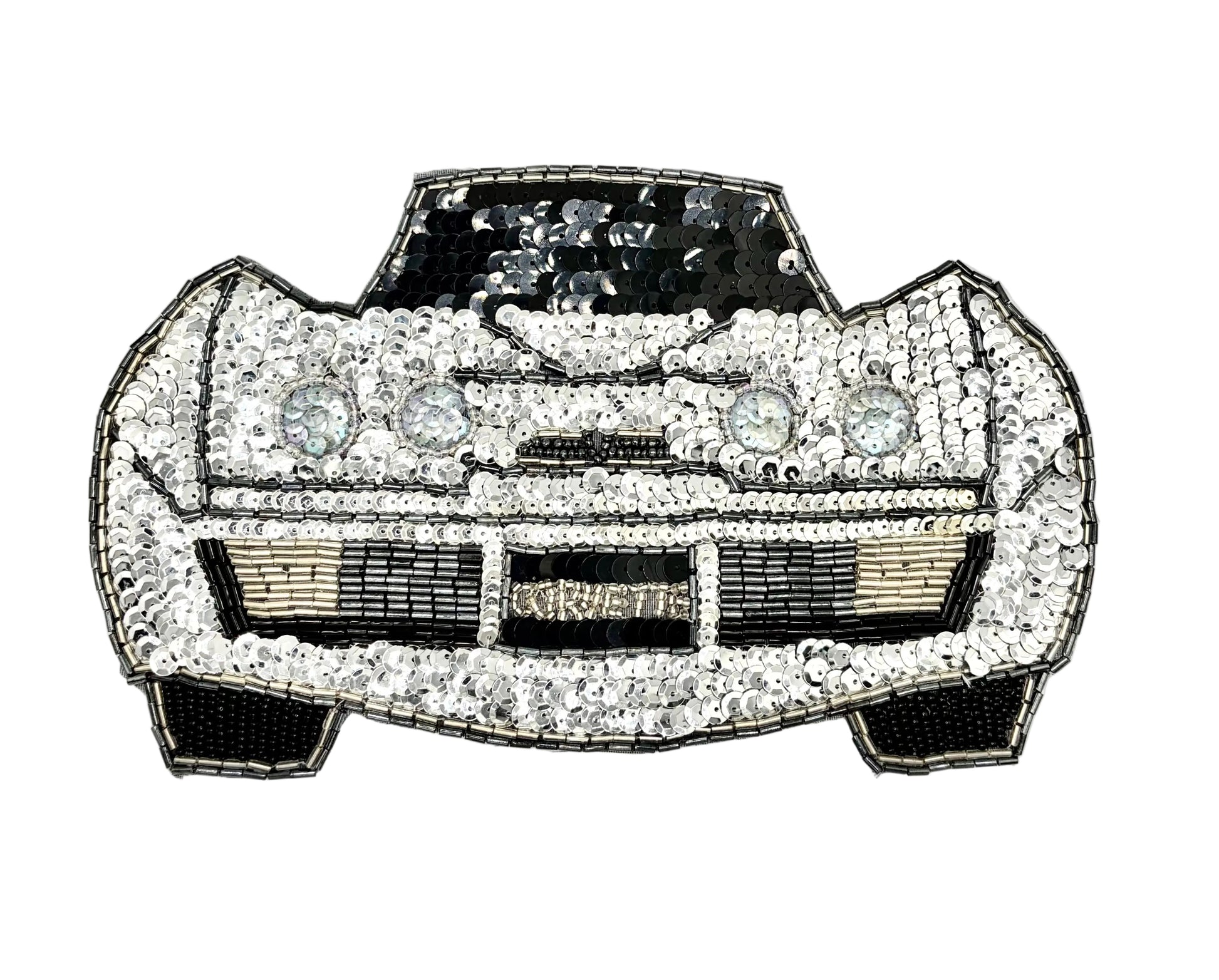 A car-shaped embroidered patch embellished with rhinestones and beads, featuring a black and silver design with silver sequin headlights, on a plain white background.