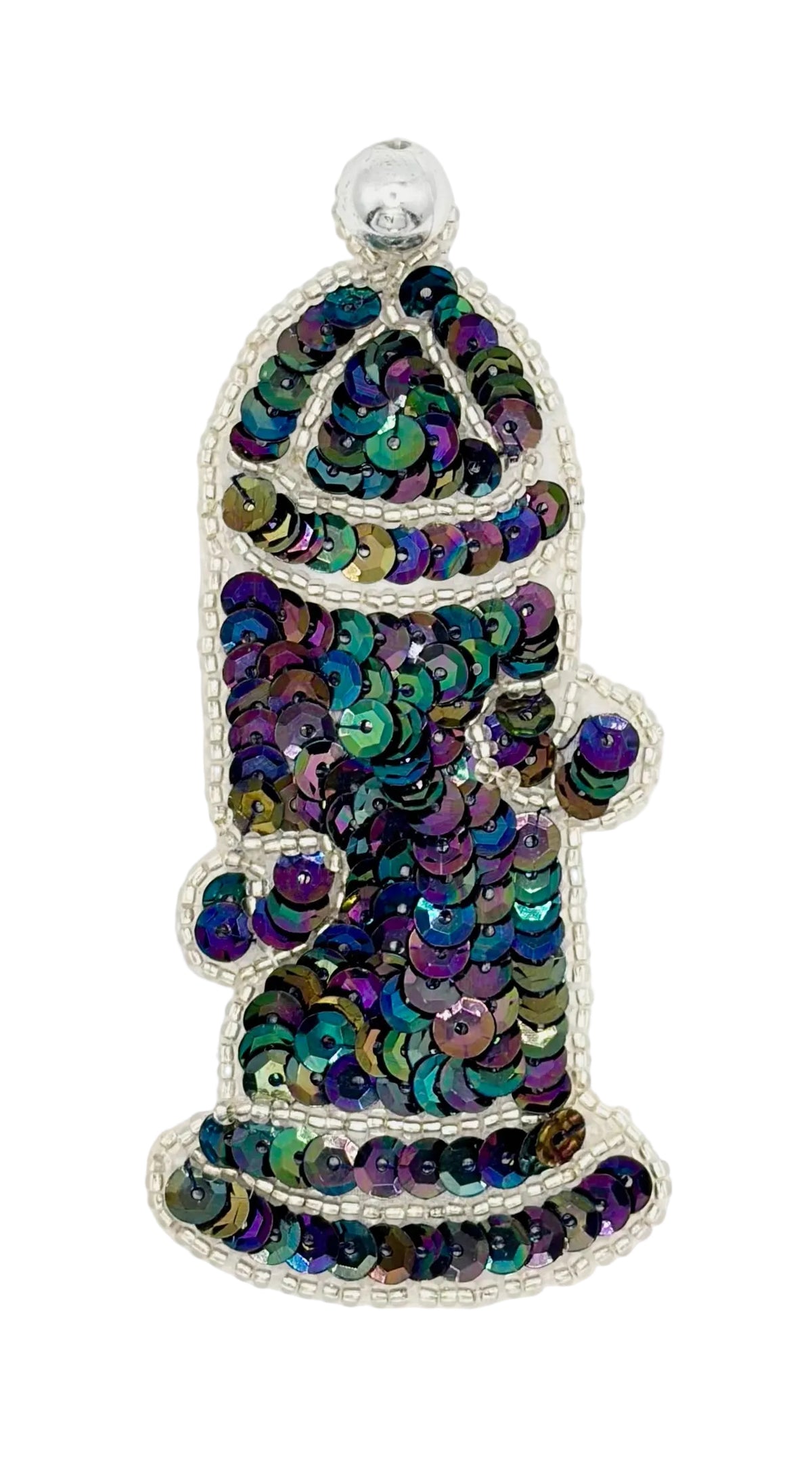 A  sequin ornament featuring a fire hydrant silhouette, embellished with iridescent sequins in shades of green, blue, purple, and gold, outlined with silver beads and a silver top cap, shown on a plain white background.