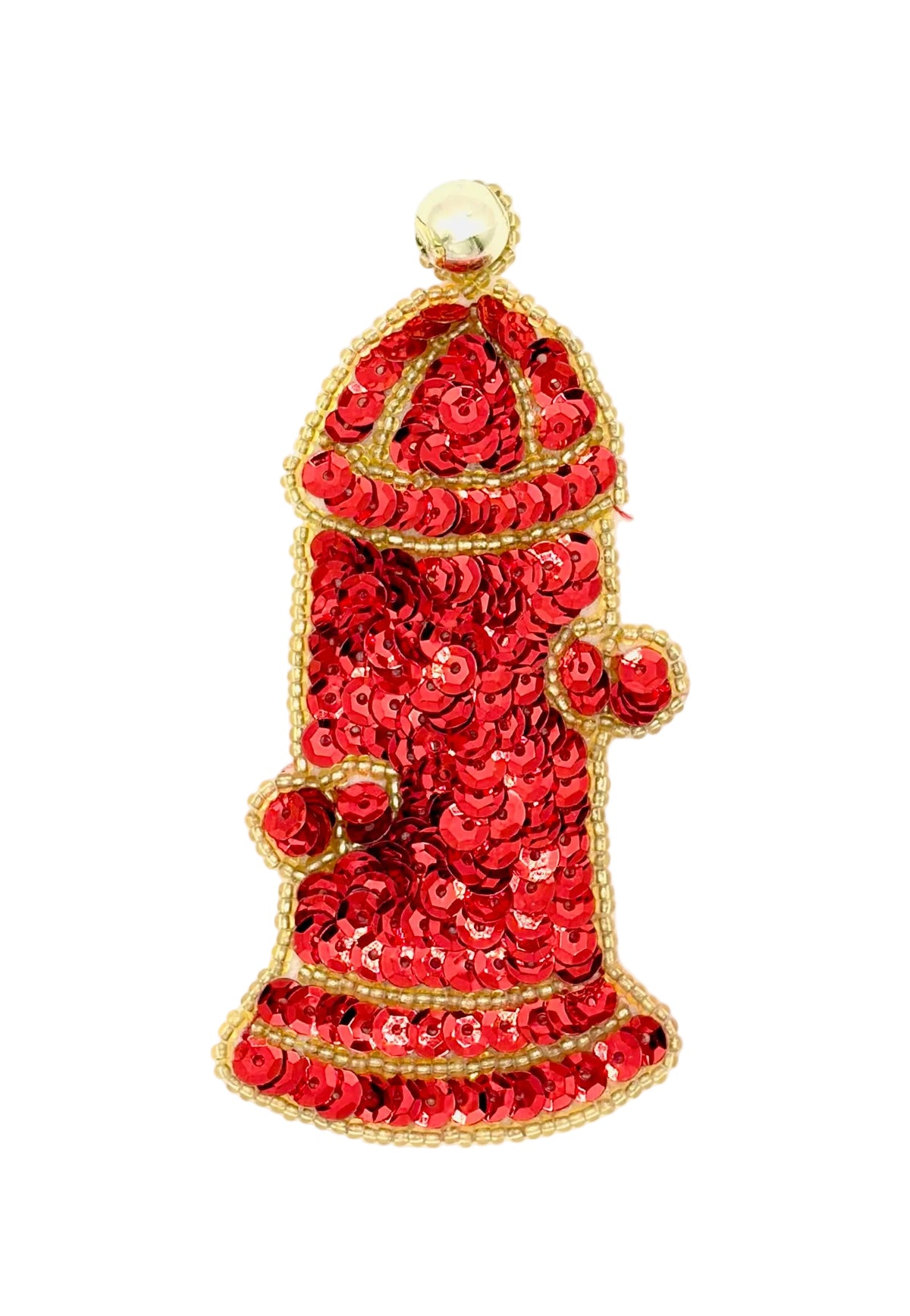 A red sequined fire hydrant appliqué with gold trim and a gold top round bead, shown on a plain white background.