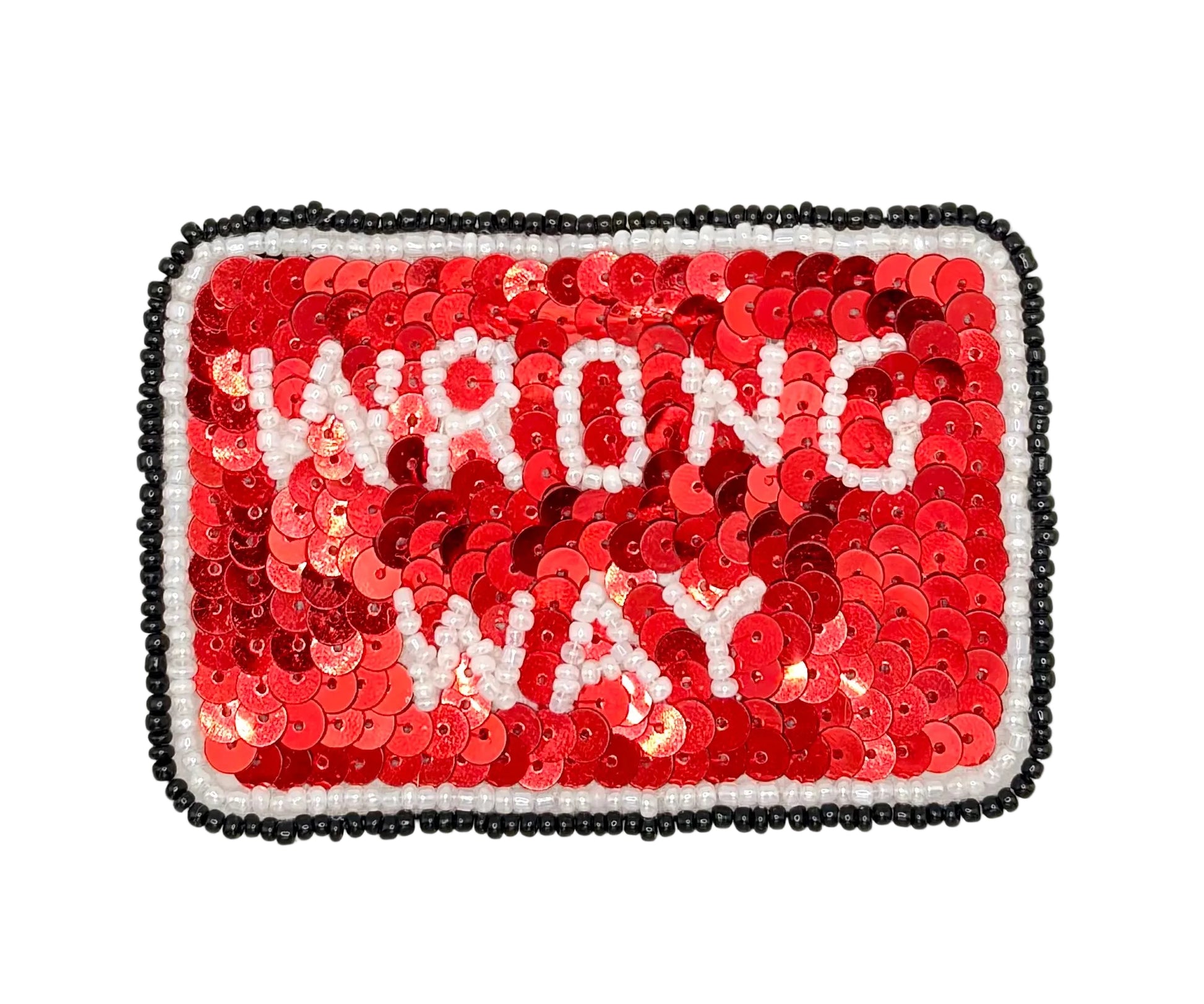A rectangular sequin patch with the words 'WRONG WAY' in white sequins on a red sequin background, finished with a black beaded border, shown on a plain white background.