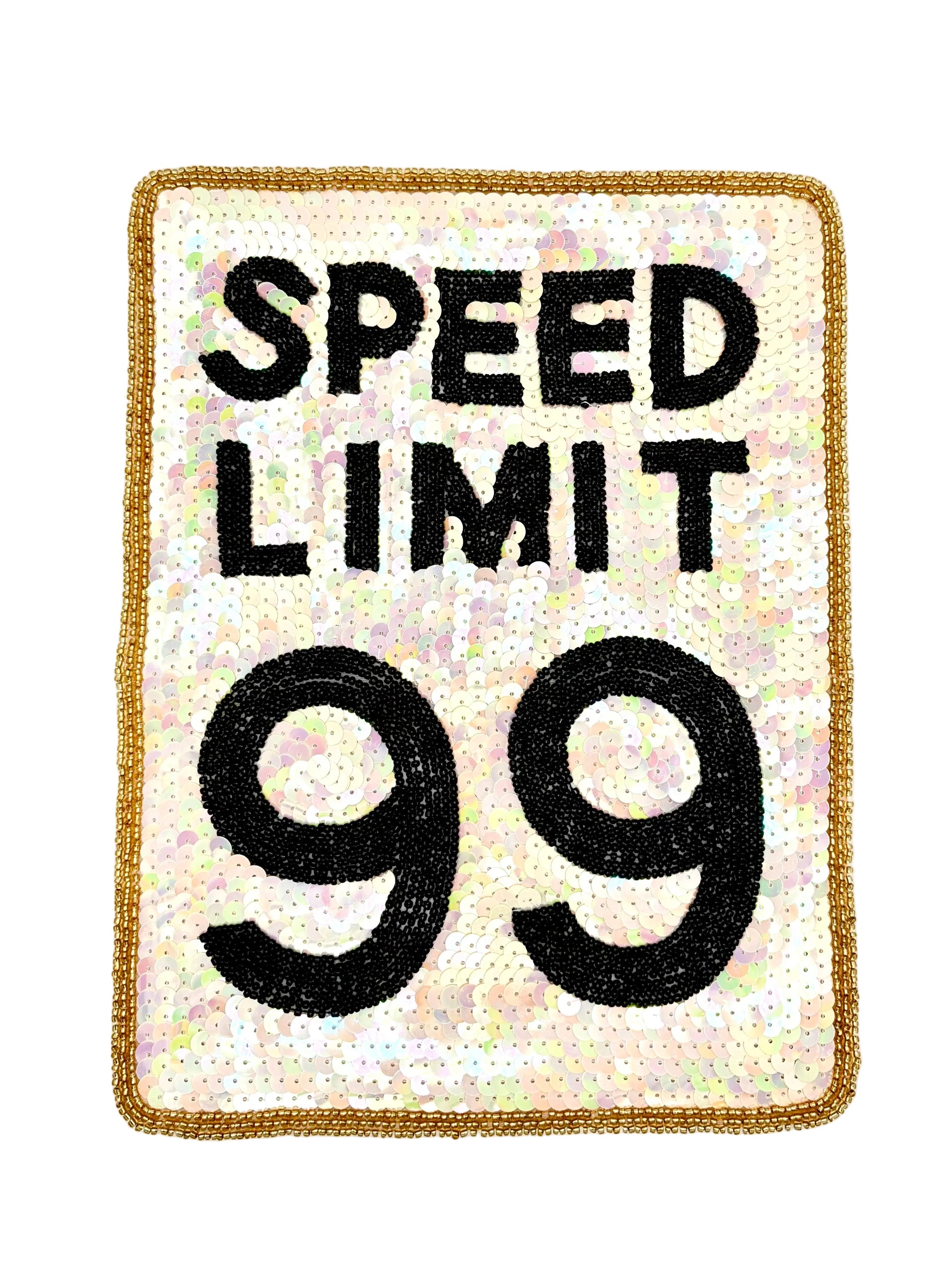 A rectangular embroidered patch with a gold border, featuring the words 'SPEED LIMIT' in black above the large number '99' on a white background.